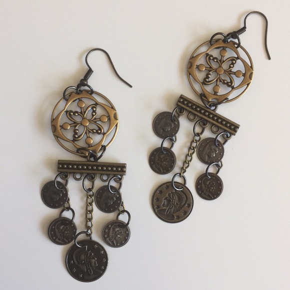 🆕🐢 Stamped Brass & Faux Coin Chandelier Earrings - Picture 4 of 4